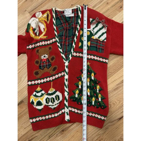 Vintage Christmas Cardigan Sweater Size L Marisa Christina Bead Embroidered Bear - Picture 11 of 12
